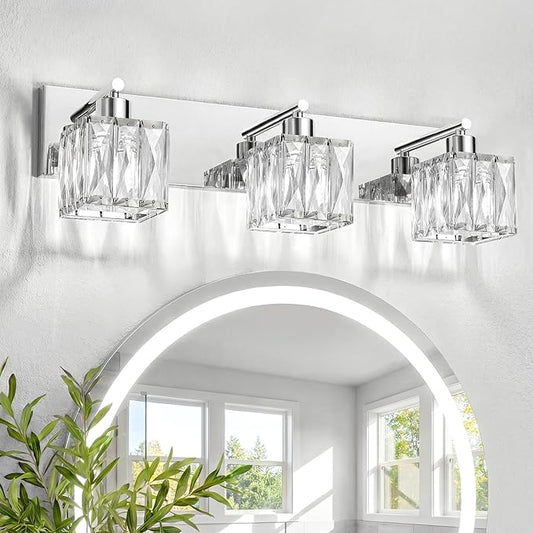 VOLISUN Chrome Bathroom Light Fixtures, Modern Stainless Steel Bathroom Lighting Fixtures Over Mirror, 3 Light Bathrooms Vanity Light, Crystal Vanity Light for Bathrooms-UL Certificated(Exclude Bulb)