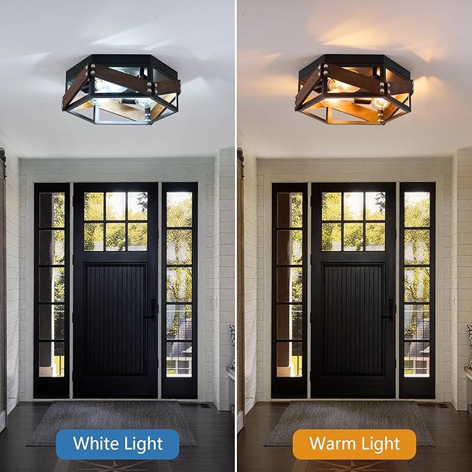 Farmhouse Flush Mount Ceiling Light, 3-Light Hallway Lights with Metal and Wood, Industrial Kitchen Light Fixtures Ceiling Mount, Rustic Black Chandelier for Bedroom Living Room Bathroom