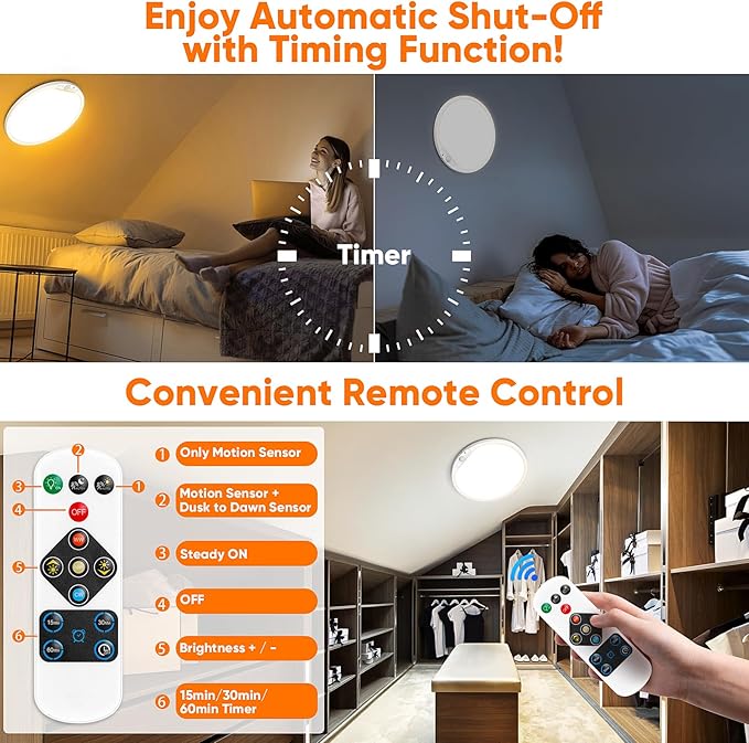 2 Pack 10000mAh Rechargeable Motion Sensor Ceiling Light with Remote, Battery Operated Closet Light No Wiring, Magnetic Wireless LED Ceiling Lights, 3 Color Overhead Lamp for Shower Pantry Hallway