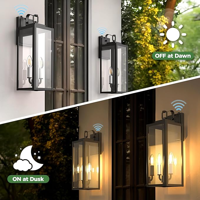 DORESshop 18" Dusk to Dawn Outdoor Wall Lights, 2-Light Black & White Outdoor Wall Sconce Lantern with Clear Glass, Tall Transitional Exterior Light Fixtures for Porch, Garage, ETL Listed, 2 Pack