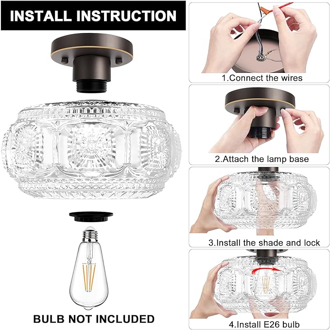 Semi Flush Mount Ceiling Light, Globe Glass Ceiling Light Fixture, Oil Rubbed Bronze with Gold Trim Modern Lighting for Hallway Bedroom Entryway Kitchen Porch, Bulb Not Included