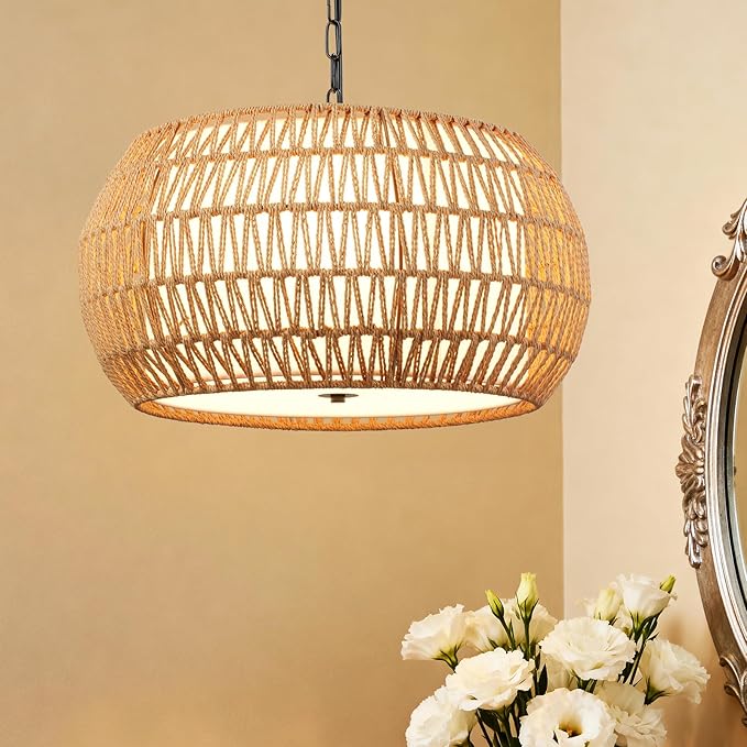 5-Light Farmhouse Rattan Chandelier with Fabric Shade, 19" Large Woven Wicker Pendant Light for Dining Room, Bedroom & Living Room, Hand Woven Wicker Fixture (No Bulbs)