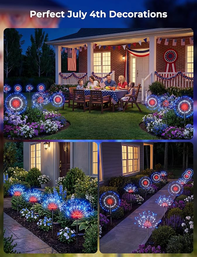 Red White Blue Solar Lights Outdoor, 4th of July Decorations, 2 Pack 150LED Solar Firework Patriotic Decor, Fourth of July Fairy Lights with 8 Modes for Yard Garden Pathway Patio Independence Day