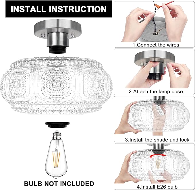 Semi Flush Mount Ceiling Light, Upgraded Larger Brushed Nickel Glass Ceiling Light Fixture, Vintage Lighting for Hallway Kitchen Bedroom Dining Room, Bulb Not Included