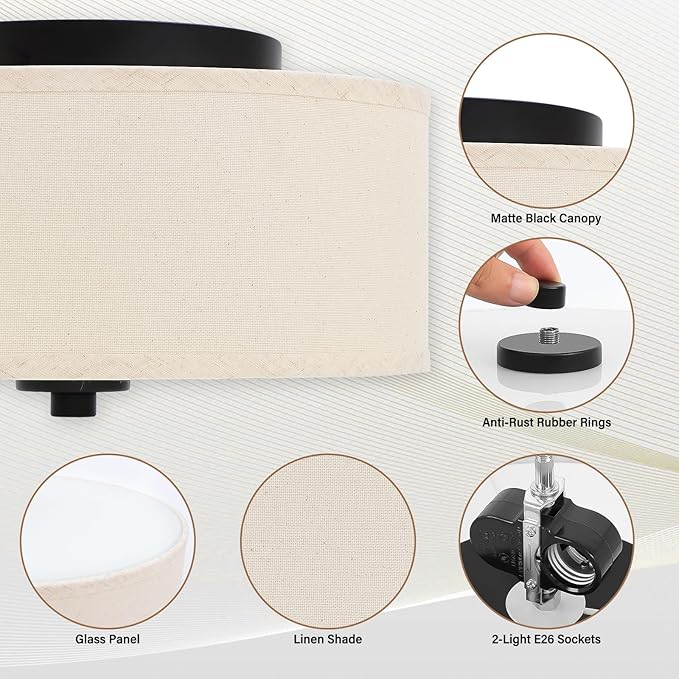 2-Light Flush Mount Ceiling Light Fixture, 12” Modern Close to Ceiling Light with Beige Fabric Drum Shade, Round Pendant Light for Bedroom Hallway Bathroom Dining Kitchen