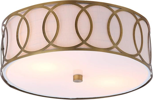 JONATHAN Y 12.25" Brass Gold 2-Light Modern Metal LED Flush Mount Ceiling Light for Bedroom Hallway, White Linen Drum Shade with Geometric Fretwork, LED Bulbs Included JYL3502A