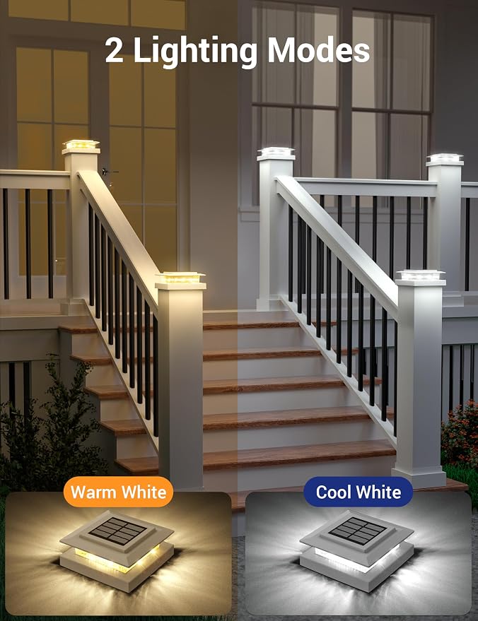 APONUO Solar Post Cap Lights for 4x4 5x5 Fence Posts, IP64 Waterproof Outdoor LED Deck Lights with 2 Modes (Warm White & Cool White), Auto On/Off Dusk to Dawn, Easy Install, White, 16 Pack