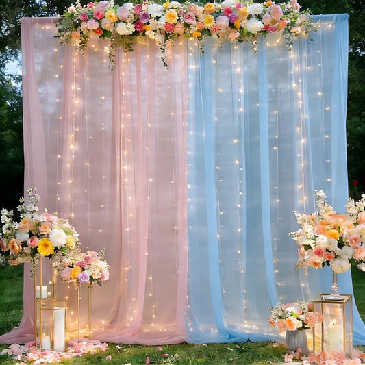 Pink and Blue Tulle Backdrop Curtain with Lights, Elegant Sheer Photo Backdrop Drapes, Soft Fabric & Lights Strings Curtain for Baby Shower Gender Reveal Weddings Brithday Parties Decor, 10ftx8ft