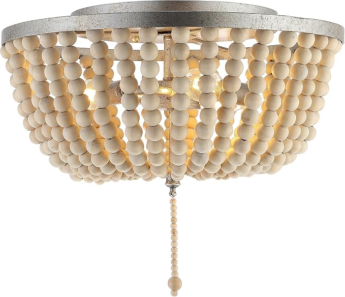 JONATHAN Y 15" Antique Silver/Cream Allison 3-Light LED Flush Mount Ceiling Light for Bedroom, Wood Beaded Shade Shabby Chic Farmhouse Rustic Decor, LED Bulbs Included (JYL9019C)