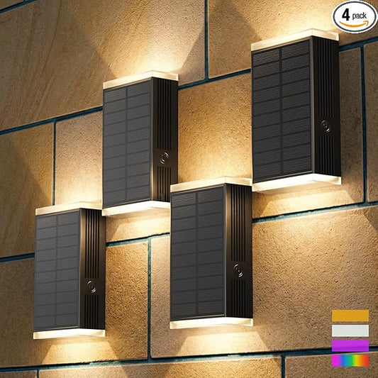Solar Wall Light Outdoor,3000/4500/6000K/RGB 13 Modes Dusk to Dawn Wall Lighting Solar Sconce Lights IP67 Waterproof Up and Down Solar Lights Outdoor for House, Yard ,Garage, Porch,Fence,Patio(4PCS)