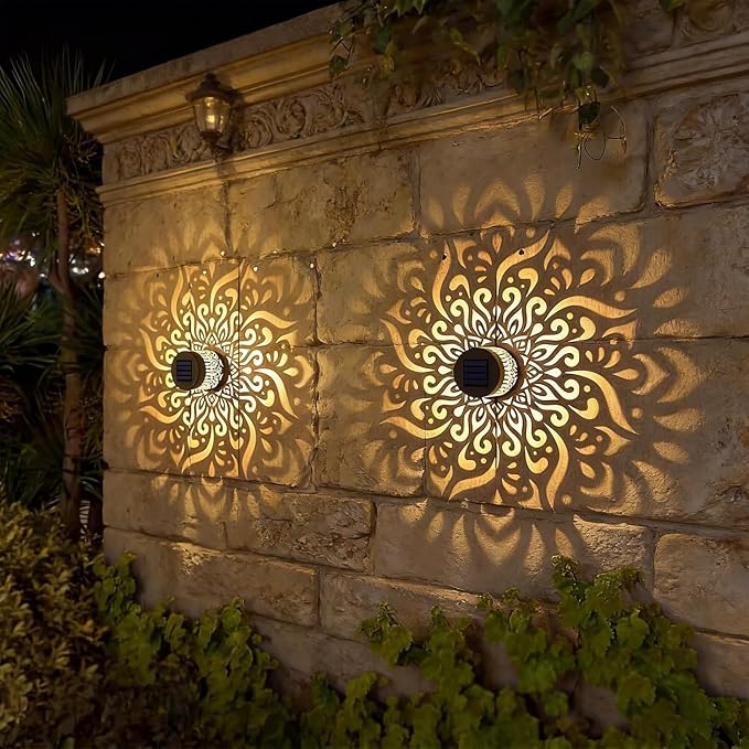 Decorative Solar Mandala Lights, Solar Mandala Lights Outdoor, Mandala Theme Waterproof Fence Light for Garden Post Patio Backyard Yard Decor (2PCS, Warm White