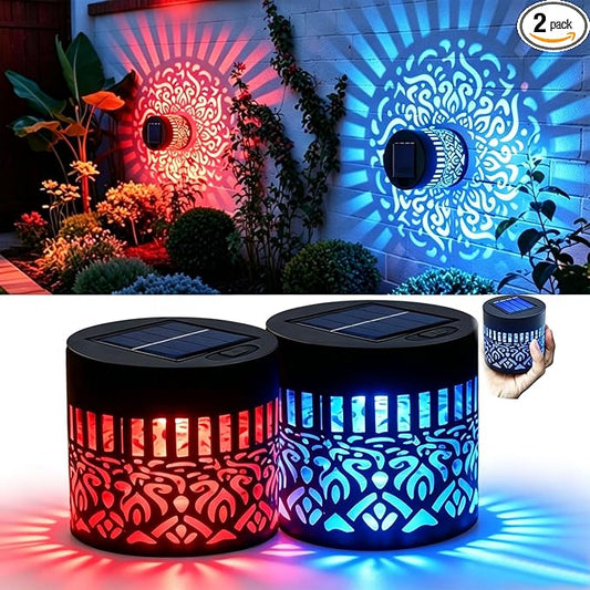 2 Pack Solar Fence Lights Mandala, Seven-Color Changing Solar Wall Mandala Lights Outdoor, Waterproof Metal Deck Step Lights for Garden Patio Post Backyard Yard Table