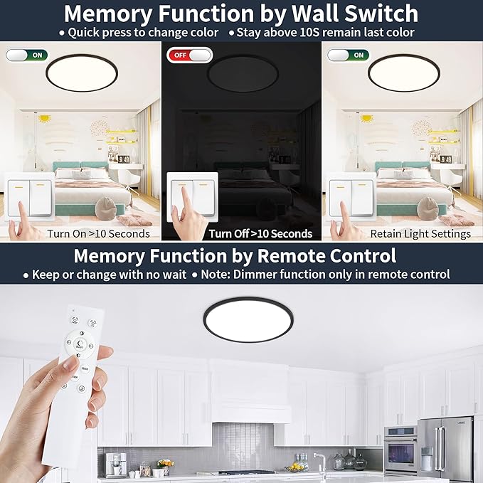 11 Inch Flush Mount Ceiling Light with Night Light, 24W 2400LM, Dimmable LED Ceiling Lights Fixture with Remote Control, 3000K/4000K/6500K Selectable, Slim Bright Bedroom Light Fixture, Round Black