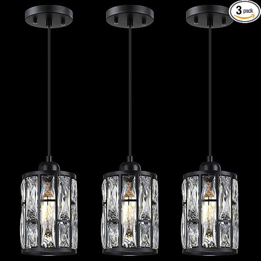 3 Pack 1 Light 5.4" Crystal Shade Hanging Kitchen Island Pendant Light Black Finish,Modern Pendant Fixture with Crystal Metal Shade for Bar,Dining Room,Living Room Over Sink
