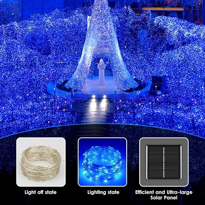 Blue Solar String Lights Outdoor, 2 Pack Total 80FT 200 LED Solar Twinkle Lights for Outside, Waterproof Copper Wire 8 Modes Fairy Light for Garden Tree Party Birthday Patio Christmas Decorations
