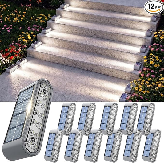 Solar Step Lights for Outside, 12-Pack Stair Light Outdoor Waterproof IP67, 14 LED Cool White Light Solar Powered Lighting for Steps, Stairs, Deck, Patio, Walkway, Front Porch Decor