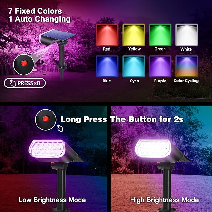 Solar Spot Lights Outdoor Waterproof IP67, Color Changing RGB Landscape Spotlights 8 Lighting Modes Solar Outdoor Lights for Yard Garden Pathway 6 Pack
