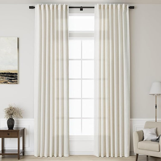 Cream Linen Curtains 125 Inches Long for Living Room Extra Long Back Tab Curtains Neutral Farmhouse Light Filtering Semi Sheer Linen Drapes Ceiling to Floor for Large Window 2 Panels Set 52x125