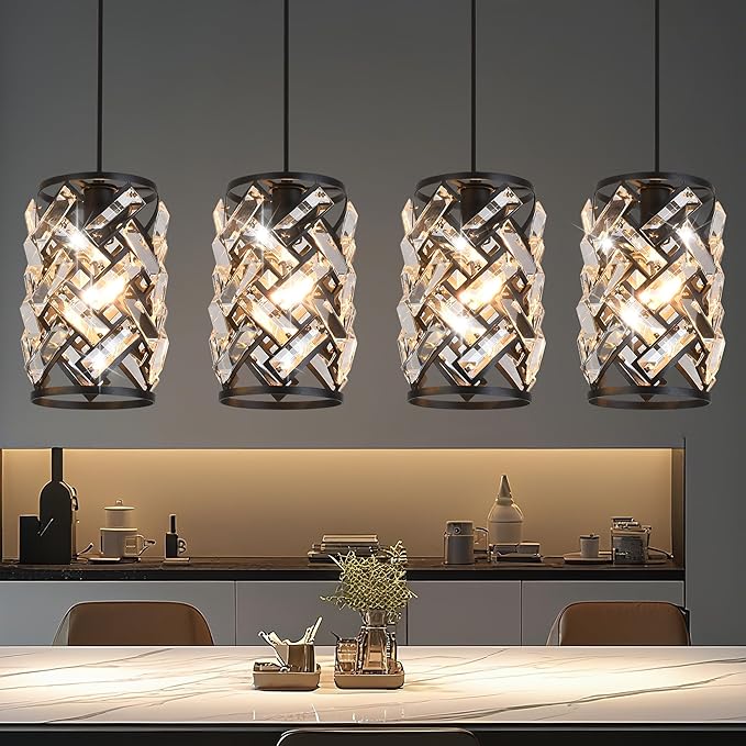 Pendant Lights Kitchen Island, 25.6” Modern Farmhouse Crystal Pendant Lighting, K9 Crystal Chandelier for Dining Room, Entryway & Bar, Adjustable Hanging Light Fixture (E26 Base, Bulbs Not Included)