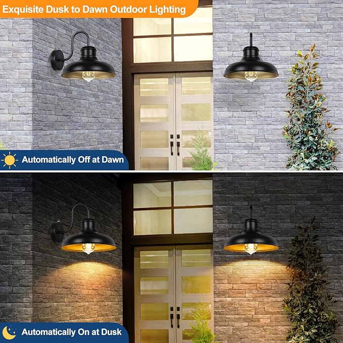 TOBUSA 2-Pack Dusk to Dawn Outdoor Wall Light Fixtures, Waterproof Farmhouse Outside Gooseneck Barn Lights, 11.5'' Black & Golden Exterior Wall Sconces for House, Porch, Garage