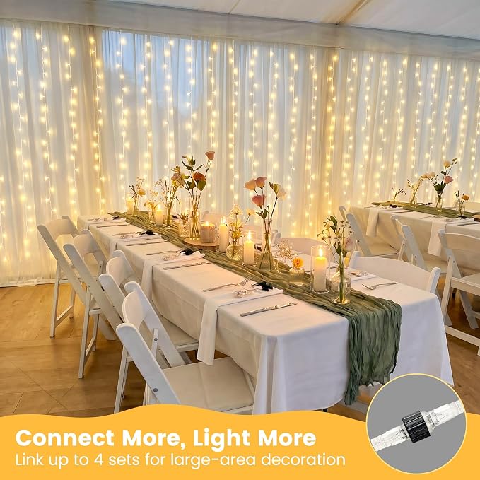 HEYFUNi 6.6ft x 6.6ft Warm White Curtain Lights Plug in - 200 LED Window String Lights with Remote, 8 Modes, Timer & Memory, Connectable Fairy Lights for Bedroom Wall Wedding Dorm Decor, Warm White