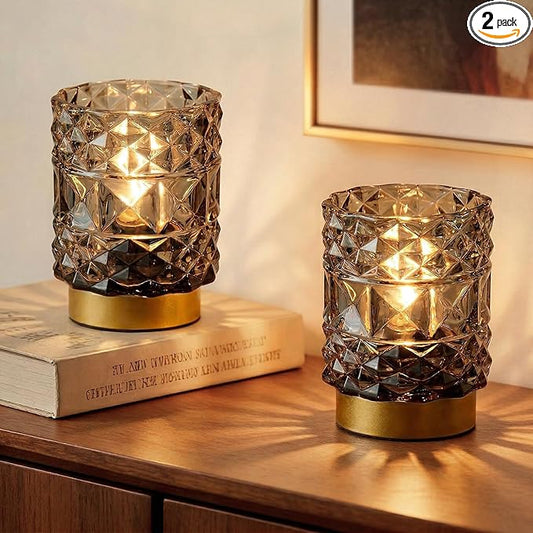 Battery Operated Lamp with Timer, Cordless Table Lamps for Shelf Decor, Rhombus Texture Aesthetic Crystal Lamp, Small Decorative Lamps for Bedroom/Bathroom/Kitchen/Entryway/Dorm (2 Pack Grey)