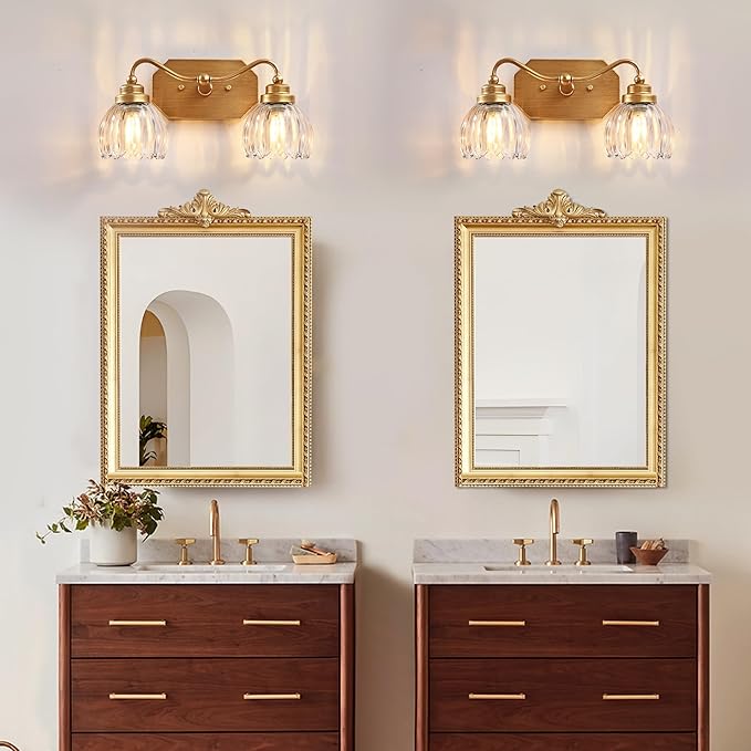 Vintage Bathroom Light Fixtures, 2 Light Gold Bathroom Vanity Light, Matte Antique Brass Finish with Crystal Glass Shade, Wall Sconces Lighting for Bedroom, Living Room, Hallway