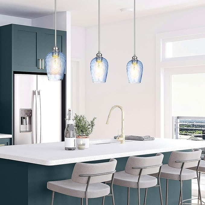 Glass Pendant Lights Kitchen Island, Blue Pendant Light Fixtures with Hand-Blown Clear Glass, Modern Hanging Light for Kitchen Sink Dining Room Bedroom, E26 (Blue, 2pack)