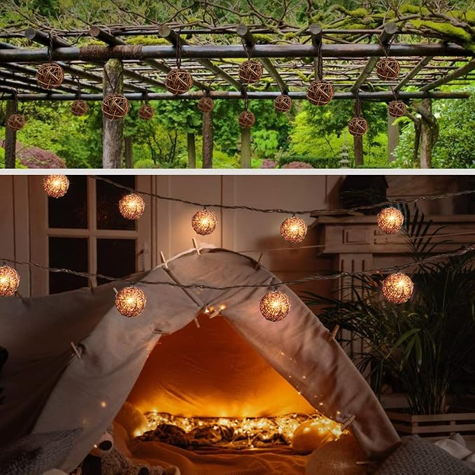 LIDORE Rattan Christmas String Lights, 10 Counts Mini Natural Globe Rattan Ball, Wicker Lights for Patio, Wedding, Garden, Party, Home Decor, Indoor Outdoor use, 7.92Ft (Rattan + Brown Cord)