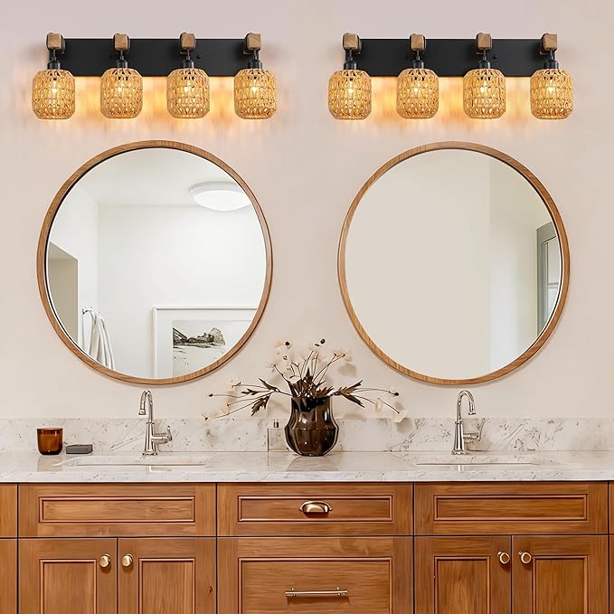 LmnLvn Farmhouse Bathroom Light Fixture, 4-Light Boho Vanity Light, Rattan Bathroom Light Fixture Over Mirror Rustic Vanity Lighting with Handwoven Shades, Suit for Restroom, Bedroom, Hallway