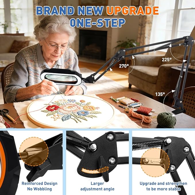 HITTI 12X Square Magnifying Glass with Light and Clamp, Hands-Free Lighted Stand with Ultra Long 3-Section Arm | 5 Color Modes & Stepless Dimming LED Desk Lamp for Workbench, Crafting, Reading -Yellow