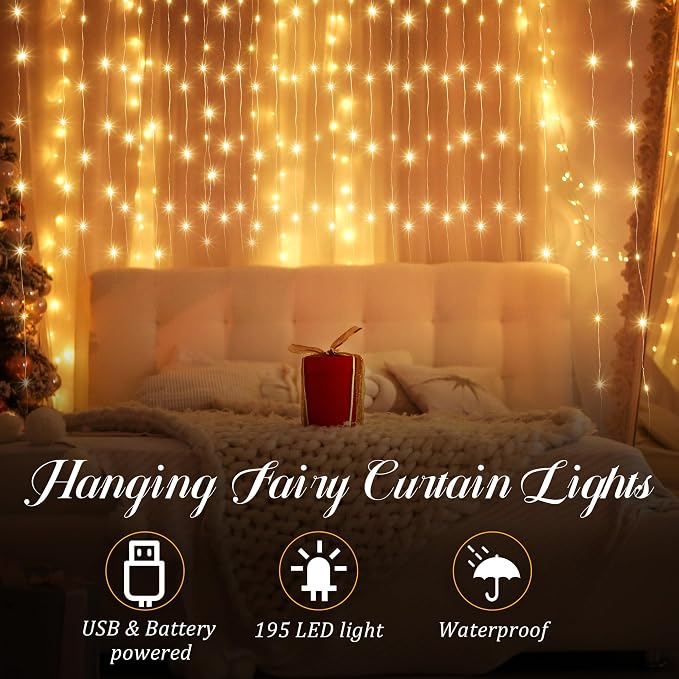 Tuanse 195 LED Curtain Tapestry Lights Backdrop String Lights, 6.5 x 5 Feet Hanging Fairy Curtain Light with 8 Lighting Modes and Remote for Bedroom Window Wall Indoor Outdoor Graduation Decor 1 Pack