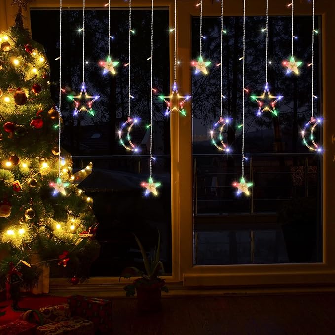Moon and Stars Decor Curtain Lights, 11.5ft String Lights for Bedroom, Christmas, Ramadan Decor, Indoor LED Fairy Twinkle Light, Battery Operated or USB Plug-in (Multicolor + Remote)