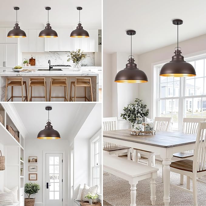 Refice 16 Inch Farmhouse Pendant Lights Kitchen Island Oil Rubbed Bronze Pendant Lighting Industrial Dome Island Pendant Lights, Adjustable Height, Hanging Lights, Dining Room, Barn