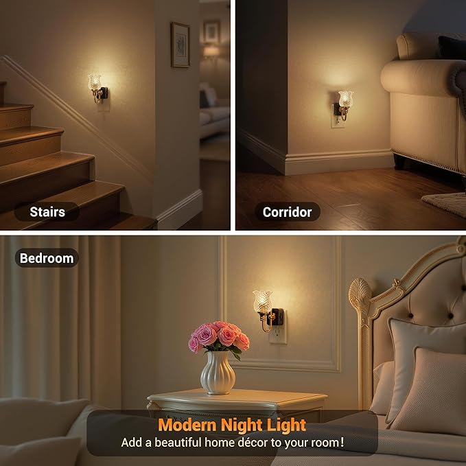 JandCase Night Light, 2 Pack Glass Night Lights Plug into Wall, Dimmble Floral LED Nightlight, 0-100 LM Flower Nightlights, Dusk to Dawn Sensor, 1W Vintage Nite Light for Bathroom Gift Vanity Decor