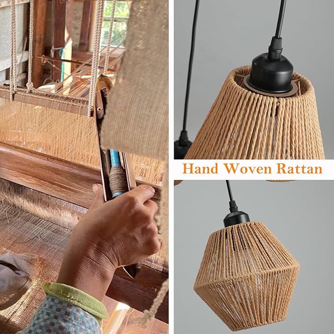 3-Light Rattan Pendant Light,Hand Woven Boho Chandelier,Wicker Pendant Light Fixture,Kitchen Dining Room Chandelier Over Table,Hanging Light for Living Room,Entryway,LED Bulbs Included