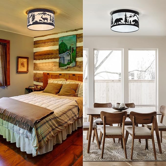 Farmhouse Flush Mount Ceiling Light with Shade - Rustic Deer and Bear Metal Ceiling Fixture 2-Light E26, Indoor Lighting for Cabin, Entryway, Kitchen, Bedroom (Bulbs Not Included)