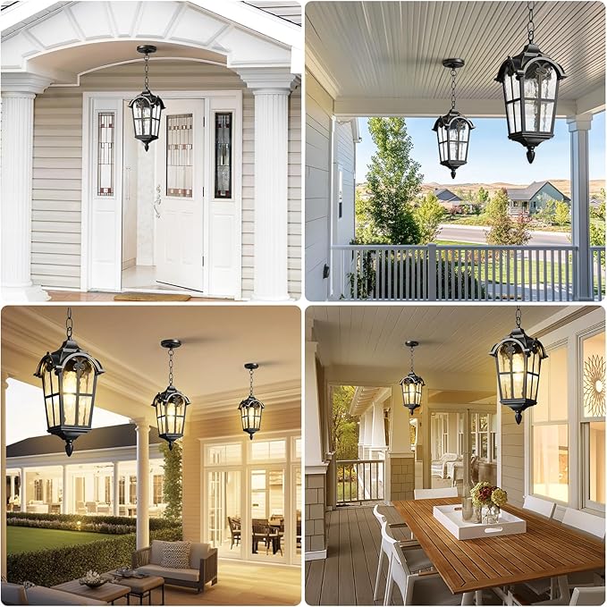 Outdoor Pendant Light Dusk to Dawn for Porch,Anti-Rust Aluminum Outdoor Chandelier, Waterproof Exterior Hanging Lighting Fixtures for Front Door, Gazebo, Black Finish with Gold Edges