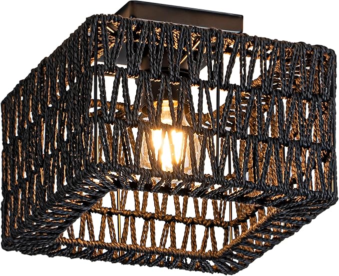 Rattan Ceiling Light, Black Boho Light Fixture, Square Flush Mount Ceiling Light for Bedroom, Hallway, Entryway, Kitchen, Laundry