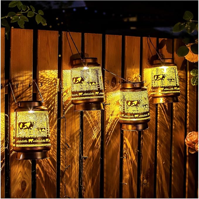 EZTZEN Cow Solar Lanterns Outdoor Waterproof Hanging Solar Lights Cow Gifts for Women Men Metal Decorative LED Cow Lanterns for Garden Decor,Yard,Patio,Lawn,Tabletop,Pathway,Landscape, Brown