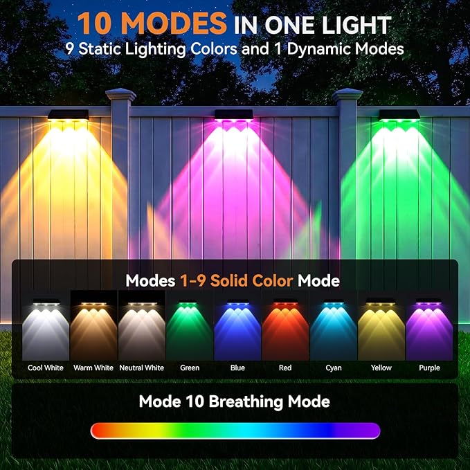 Solar Fence Lights Outdoor 12 Pack, Upgraded Brightness 3X LED Lens Fence Lights Solar Powered,9 Fixed Colors & RGB Lights, IP65 Waterproof Solar Lights for Outside Backyard/Railing/Step/Patio
