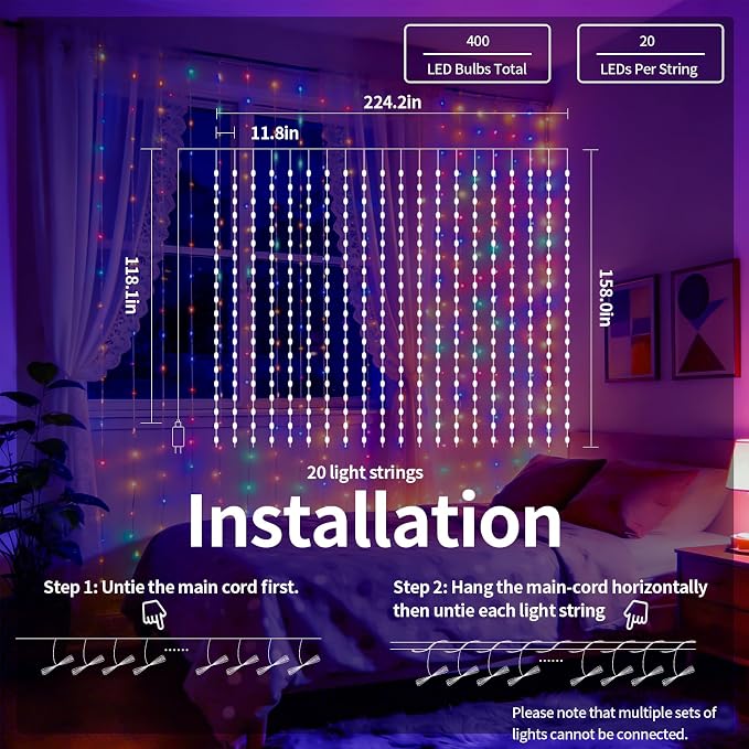 YoungPower Multicolor Led Curtain Lights, 400 LED 8 Lighting Modes Fairy Light, IP65 Waterproof for Bedroom Party Christmas Wedding Garden Home Wall Decor
