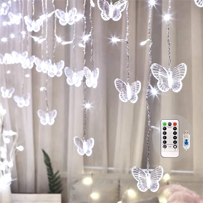 Butterfly Curtain Fairy Lights USB Plug in,8 Modes 120 LED 19.7FT Firefly Twinkle Timer String Lights with Remote, Waterproof Copper Wire for Bedroom Patio Christmas Wedding Party Dorm (Cool White)