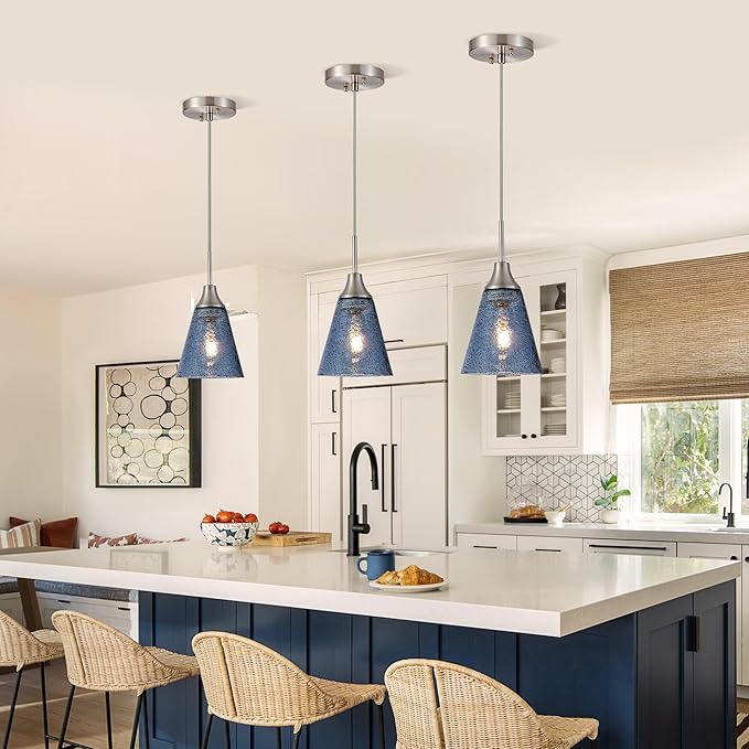 Viinew Mini Glass Pendant Light,5.9" Horn Shape Dark Blue Glass Hanging Light,1-Pack Handblown Clear Blue Seeded Shade Adjustable Cord Ceiling Light Fixture for Kitchen Island Sink