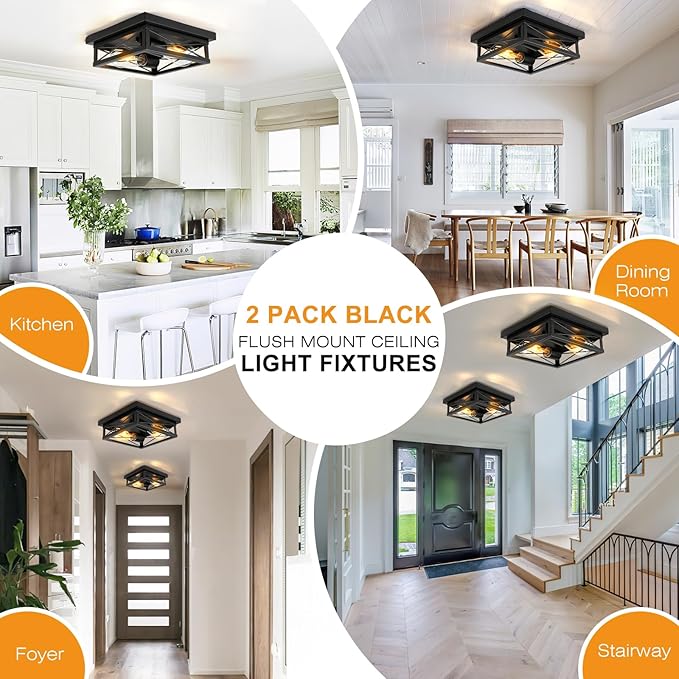 Black Flush Mount Ceiling Light 2 Pack Industrial Fixtures 2-Light Farmhouse Vintage Metal-Framed Ceiling Light for Hallway Foyer Kitchen Bedroom Living Room Laundry