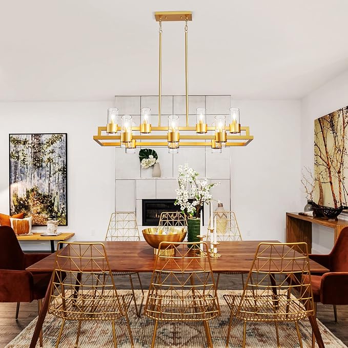 WUZUPS Island Rectangle Chandelier 10-Light with Clear Glass Industrial Modern Farmhouse Linear Light Fixture for Dining Room Kithen Island, Width 42.5" Height 10.4", Gold