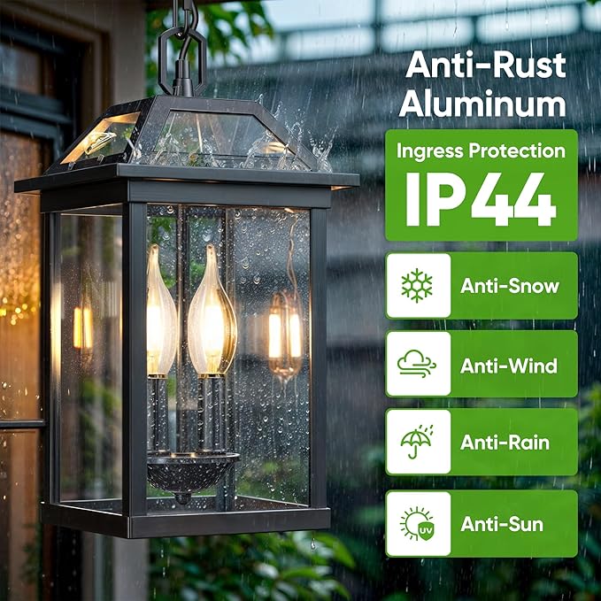 WIHTU Large Outdoor Pendant Light with 2 Bulbs, 14.96" Modern Hanging Lantern Ceiling Mount, Waterproof Outside Chandelier Exterior Hanging Fixture with Tempered Glass for Porch