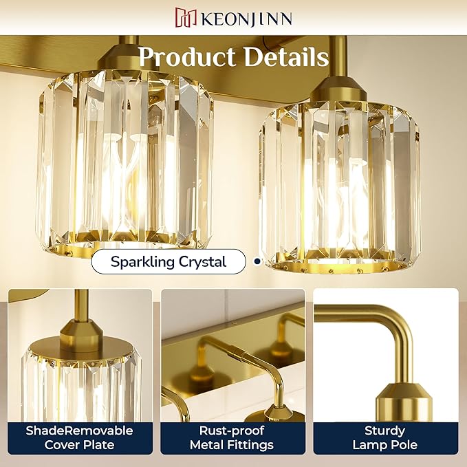 Keonjinn 6-Light Bathroom Light Fixtures, Crystal Gold Bathroom Vanity Lights Over Mirror, Vanity Lighting Fixtures with Crystal Square Shades (E26 Socket, Exclude Bulb)