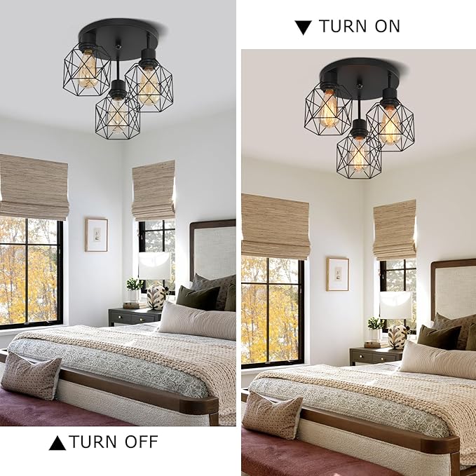 3 Lights Industrial Ceiling Light Fixtures,Iron Cage Ceiling Lamp Pendant Lighting,3-Light Close to Ceiling Light Fixtures, Modern Chandelier for Bedroom Entryway Kitchen Hallway