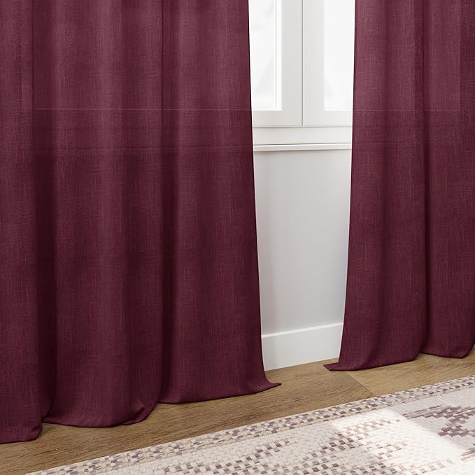 Nanspring Burgundy Linen Curtains 102 Inches Long Rod Pocket Back Tab Drapes 2 Panels Set for Living Room Bedroom Light Filtering Semi Sheer Burgundy Curtain 102 Length for Patio Door 52x102